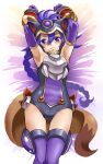  1girl armpits arms_up bangs braid closed_mouth elbow_gloves gloves grey_leotard hair_between_eyes leotard looking_at_viewer lying matsuhime_mujina mimonel on_back purple_eyes purple_gloves purple_hair purple_legwear shinrabanshou single_braid smile solo tail thigh_gap thighhighs 