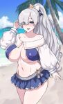  1girl anastasia_(fate) anastasia_(swimsuit_archer)_(fate) bangs bare_shoulders bikini blue_bikini blue_eyes blue_skirt blush bow breasts cleavage collarbone fate/grand_order fate_(series) hair_bow hair_over_one_eye jewelry large_breasts long_hair long_sleeves looking_at_viewer miniskirt muta_poo navel necklace ponytail puffy_long_sleeves puffy_sleeves silver_hair skirt solo swimsuit thighs very_long_hair 