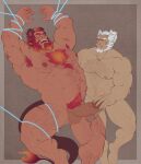  2boys abs absurdres armpit_hair armpits bara beard blush bound bound_arms bound_legs bulge chest_hair commentary_request completely_nude dark-skinned_male dark_skin demon_boy demon_horns demon_tail erection facial_hair flat_color fugen_(monster_hunter_rise) full_body giant giant_male glensaru gradient_hair hairy highres horns interracial large_pectorals leg_hair male_focus male_pubic_hair mature_male monster_hunter_(character) monster_hunter_(series) monster_hunter_rise multicolored_hair multiple_boys muscular muscular_male navel navel_hair nipples nude original pectorals penis penis_grab pubic_hair red_hair short_hair size_difference stomach tail thick_thighs thighs thread uncensored white_hair yaoi 