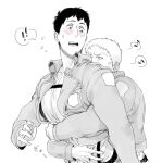  2boys bertolt_hoover blush brown_hair collared_jacket couple cropped_jacket greyscale hug hug_from_behind male_focus monochrome multiple_boys musical_note nene_(10575936) pectorals reiner_braun shingeki_no_kyojin short_hair spoken_musical_note spot_color upper_body yaoi 