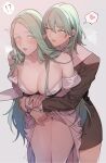  !? 2girls bangs blush breasts breath byleth_(fire_emblem) byleth_(fire_emblem)_(female) cleavage clothes_lift commentary_request eyebrows_visible_through_hair fire_emblem fire_emblem:_three_houses green_eyes green_hair grey_background hair_between_eyes heart highres ikarin jewelry large_breasts lifted_by_another long_hair multiple_girls parted_lips pointy_ears rhea_(fire_emblem) ring simple_background spoken_heart very_long_hair yuri 