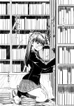  1boy 1girl ^^^ amagami ayatsuji_tsukasa blank_censor blush book book_stack caught censored cum dot_nose facial from_side greyscale hetero implied_handjob jacket kneeling library long_hair long_sleeves miniskirt monochrome one_eye_closed open_mouth penis pleated_skirt sanagi_torajirou school_uniform skirt slippers socks solo_focus stealth_sex sweatdrop tiptoes translation_request 