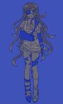  1girl alternate_costume apron bandaged_arm bandaged_leg bandages bandaid bandaid_on_leg bangs black_hair blue_background blue_eyes blue_theme danganronpa_(series) danganronpa_2:_goodbye_despair eyepatch full_body highres long_hair looking_at_viewer mole mole_under_eye open_mouth pleated_skirt puffy_short_sleeves puffy_sleeves sema_(vivaviva_02) shoes short_sleeves simple_background skirt solo standing symbol-only_commentary tsumiki_mikan 