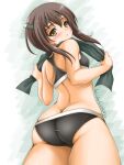  1girl akimoto_dai ass bra brown_eyes brown_hair commentary_request cowboy_shot from_behind grey_bra grey_panties headband headgear highres kantai_collection looking_at_viewer looking_back one-hour_drawing_challenge panties short_hair short_hair_with_long_locks solo taihou_(kancolle) towel towel_around_neck underwear 