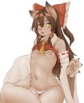  1girl bare_shoulders blush bow breasts brown_eyes brown_hair commentary_request fang furrification furry furry_female hair_bow hair_ornament hair_tubes hakurei_reimu hawthorn highres japanese_clothes long_hair looking_at_viewer miko navel nipples open_mouth panties ribbon-trimmed_sleeves ribbon_trim shiny shiny_hair simple_background small_breasts solo touhou underwear white_background white_panties 