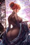  1girl ass azur_lane bangs black_gloves bodystocking bodysuit breasts butterfly_hair_ornament chinese_clothes commentary cowboy_shot curvy dragon_print earrings elbow_gloves eyebrows_visible_through_hair fingerless_gloves floral_print flower from_behind gloves hair_between_eyes hair_bun hair_ornament hair_stick highres holding holding_pipe jewelry kiseru large_breasts long_hair looking_at_viewer looking_back mendou_kusai monarch_(azur_lane) monarch_(black_gerard)_(azur_lane) o-ring official_alternate_costume partially_undressed petals pipe red_hair robe robe_slip see-through sidelocks solo standing thong tied_hair 
