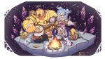  1girl 2others alien banjo blue_hair campfire chert_(outer_wilds) chibi copyright_name drum elira_pendora english_commentary food hair_over_one_eye head_wings highres holding holding_stick instrument low_wings marshmallow maxeggq multiple_others mushroom music nijisanji nijisanji_en one_eye_covered open_hand outer_wilds pikl_(elira_pendora) playing_instrument riebeck_(outer_wilds) singing smile space spacesuit stick tree virtual_youtuber wings 
