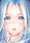  1girl absurdres aldehyde bangs blue_eyes blue_hair blush choker close-up commentary_request eye_focus eye_reflection forehead gold_bar granblue_fantasy highres long_hair looking_at_viewer lyria_(granblue_fantasy) open_mouth parted_bangs portrait reflection solo tearing_up water_drop 