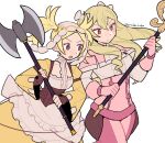  2girls apron ascot axe bangs blonde_hair blush bow brown_eyes brown_gloves capelet center_frills closed_mouth commentary_request corset do_m_kaeru dress drill_hair eyebrows_visible_through_hair fingerless_gloves fire_emblem fire_emblem_awakening fire_emblem_warriors forehead frills gloves grey_eyes hair_between_eyes hair_bow headdress holding holding_axe holding_staff holding_weapon juliet_sleeves lissa_(fire_emblem) long_hair long_sleeves looking_to_the_side maribelle_(fire_emblem) multiple_girls open_mouth pink_capelet pink_dress pink_gloves puffy_sleeves simple_background staff twin_drills twintails twitter_username underbust waist_apron weapon white_apron white_ascot white_background white_bow wide_sleeves yellow_dress 