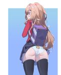  1girl aisaka_taiga ass bag black_legwear black_skirt blazer blue_background blue_panties border brown_eyes brown_hair cameltoe commentary english_commentary from_behind handbag highres jacket long_hair looking_to_the_side oohashi_high_school_uniform outside_border panties pantyshot petite pixxel red_jacket school_uniform skirt solo standing striped striped_panties thighhighs tiger_panties toradora! turning_head underwear wardrobe_malfunction white_border white_panties wide_hips 