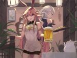  2girls :d alcohol animal_ears back bangs bare_shoulders beer beer_mug blue_eyes china_dress chinese_clothes closed_mouth cup dress food food_focus fox_ears hair_between_eyes highres holding holding_cup holding_plate honkai_(series) honkai_impact_3rd indoors kallen_kaslana lantern long_hair looking_at_viewer looking_back mug multiple_girls ne.corn open_mouth pink_hair plate purple_eyes short_sleeves sleeveless sleeveless_dress smile teapot white_dress white_hair yae_sakura 