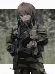  1girl annoyed assault_rifle bangs black_gloves blurry blurry_background brown_eyes brown_hair commentary_request cowboy_shot dmj_neco foregrip gloves green_jacket green_legwear gun h&amp;k_hk416 headset_removed highres holding holding_gun holding_weapon jacket load_bearing_equipment looking_at_viewer original pocket pouch rifle short_hair solo tactical_clothes trigger_discipline weapon 