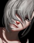  1girl absurdres akeha_(nier_reincarnation) artist_name black_background close-up closed_mouth dutch_angle english_commentary eye_focus eyelashes highres malphier mole mole_under_eye nier_(series) nier_reincarnation red_eyes short_hair solo 