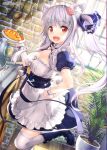  1girl :d animal_ear_fluff animal_ears apron bangs blue_dress blue_footwear boots breasts brick_wall cat_ears character_request cleavage commentary_request dress eyebrows_visible_through_hair food frilled_apron frills frying_pan fujima_takuya grey_hair hand_on_hip holding holding_plate indoors isekai_ni_tobasaretara_papa_ni_nattandaga ladle long_hair looking_at_viewer medium_breasts omurice open_mouth plant plate potted_plant puffy_short_sleeves puffy_sleeves red_eyes short_sleeves side_ponytail smile solo spatula standing standing_on_one_leg thighhighs thighhighs_under_boots twitter_username very_long_hair waist_apron white_apron white_legwear window wooden_floor 