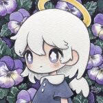  1girl angel_wings bangs blue_dress blush bright_pupils dated dress flower halo highres leaf medium_hair no_nose original pansy purple_eyes short_sleeves signature smile solo upper_body white_hair white_pupils white_wings wings zukky000 