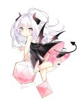  1girl ahoge artist_name barefoot black_dress chibi commentary_request demon_girl demon_horns demon_tail demon_wings dice dress fang full_body goddess_of_dice horns long_hair original pink_eyes pink_hair pointy_ears saru simple_background smile solo tail white_background wings 