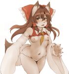  1girl animal_ears bare_shoulders blush bow breasts brown_eyes brown_hair commentary_request dog_ears dog_tail fang furrification furry furry_female hair_bow hair_ornament hair_tubes hakurei_reimu hawthorn highres japanese_clothes long_hair looking_at_viewer miko navel nipples no_bra open_mouth panties red_bow shiny shiny_hair simple_background small_breasts solo standing tail touhou underwear white_background white_panties 