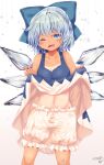  1girl absurdres bare_shoulders bloomers blue_eyes bow cirno clothes_lift collarbone commission dress dress_lift fang hair_bow highres kemo_chiharu light_blue_hair one_eye_closed open_mouth pantaloons skeb_commission smile solo tan tanlines tanned_cirno touhou underwear white_bloomers 
