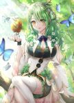  1girl antlers apple blush branch breasts bug butterfly ceres_fauna cleavage eyebrows_visible_through_hair food fruit green_hair green_nails highres hololive hololive_english long_hair looking_at_viewer medium_breasts mole mole_under_eye solo sunlight thighhighs thighs virtual_youtuber wajuniorbox white_legwear yellow_eyes 