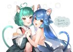  2girls ahoge animal_ear_fluff animal_ears backless_dress backless_outfit bao_(vtuber) black_jacket blue_hair breasts brown_eyes bubble cat_ears cat_girl crop_top dress english_commentary fangs girl_dm green_hair grey_dress heart_hair highres holding_hands indie_virtual_youtuber interlocked_fingers jacket long_hair looking_at_viewer medium_breasts midriff multiple_girls navel off_shoulder open_hands saitou_(lynx-shrike) second-party_source short_hair small_breasts smile very_long_hair virtual_youtuber 