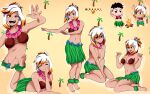  1boy 1girl absurdres barefoot blue_flower breasts campfire cleavage coconut_bra dashi eyebrows_visible_through_hair fire flower grass_skirt highres hula lei liz_(dashi) looking_at_viewer medium_breasts mole mole_under_eye multicolored_hair multiple_views navel open_mouth orange_hair original palm_tree pink_flower smile topless tree twitter_username two-tone_hair white_hair 
