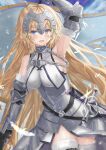  1girl :d arm_guards arm_up armor armored_dress armpits banner bare_shoulders black_gloves blonde_hair blue_eyes blush breasts chain cowboy_shot dress elbow_gloves fate/grand_order fate_(series) feathers fur-trimmed_gloves fur-trimmed_legwear fur_trim gloves highres impossible_clothes impossible_dress jeanne_d&#039;arc_(fate) jeanne_d&#039;arc_(fate/apocrypha) large_breasts light_particles long_hair md5_mismatch open_mouth resolution_mismatch sakurasakimasu4 sheath sheathed signature sleeveless sleeveless_dress smile solo source_larger sword thighhighs very_long_hair weapon white_dress white_legwear 