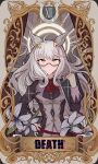  1girl absurdres ahoge animal_ears biwa_hayahide_(umamusume) card_(medium) death_(tarot) discharge_mochi ear_ornament glasses highres holding horse_ears horse_girl horseshoe long_hair looking_at_viewer neck_ribbon orange_eyes ribbon roman_numeral semi-rimless_eyewear solo tarot umamusume wavy_hair white_hair 