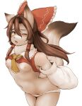  1girl animal_ears bare_shoulders blush bow breasts brown_eyes brown_hair commentary_request dog_ears dog_tail furrification furry furry_female hair_bow hair_ornament hair_tubes hakurei_reimu hawthorn highres japanese_clothes long_hair looking_at_viewer miko navel nipples no_bra one_eye_closed open_mouth panties shiny shiny_hair simple_background small_breasts solo tail touhou underwear white_background white_panties 