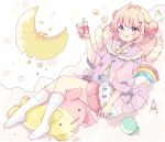  1girl bad_id bad_pixiv_id bangs bendy_straw blonde_hair blush commentary crescent cup double_bun drinking_glass drinking_straw eyebrows_visible_through_hair full_body glasses grey_eyes hand_up highres holding holding_cup jacket looking_at_viewer no_shoes original pillow pink_skirt pleated_skirt purple-framed_eyewear purple_jacket rainbow shirt skirt smile solo striped striped_legwear stuffed_animal stuffed_toy symbol-only_commentary tsukiyo_(skymint) white_legwear white_shirt 