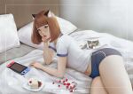  1girl absurdres animal_ears ass brown_hair buruma cake cat_ears cherry food fruit glasses gym_shirt gym_uniform head_rest highres indoors looking_at_viewer lying magazine_(object) navel nintendo_switch on_bed original pillow red_lips regiana_(jubi) shirt solo thighs 