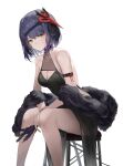  1girl absurdres arm_strap bare_legs bare_shoulders black_dress bracelet breasts cleavage cleavage_cutout closed_mouth clothing_cutout dress expressionless feathers feet_out_of_frame fur_shawl genshin_impact highres holding holding_feather jenmin12 jewelry kujou_sara looking_at_viewer mask mask_on_head medium_breasts purple_hair short_hair simple_background sitting sleeveless sleeveless_dress solo stool white_background yellow_eyes 