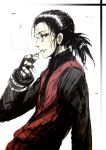  1boy age_regression black_hair black_shirt cigarette gloves hellsing jewelry male_focus monocle ponytail red_eyes red_vest ring shirt smoking tied_hair vest wakame walter_c._dornez younger 