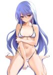  1girl bangs bare_arms bare_legs between_legs bikini blue_hair blush breasts cleavage closed_mouth collarbone commentary_request eyebrows_visible_through_hair grisaia_(series) grisaia_no_kajitsu grisaia_no_rakuen hand_between_legs highleg highleg_bikini highleg_swimsuit kazami_kazuki kesoshirou kneeling long_hair navel purple_eyes side-tie_bikini simple_background small_breasts solo swimsuit white_background white_bikini 