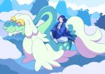  1boy blue_hair closed_eyes cloud crossover drampa highres lanxi_zhen laojun_(the_legend_of_luoxiaohei) long_hair long_sleeves male_focus pokemon pokemon_(creature) riding riding_pokemon shadow sitting smile subway_kumaster the_legend_of_luo_xiaohei very_long_hair wide_shot wide_sleeves 