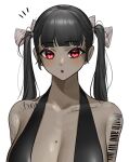  1girl absurdres bad_id bad_pixiv_id bangs bikini bikini_top black_bikini black_hair blunt_bangs blush breasts cleavage dark-skinned_female dark_skin highres iris_(norunollu) long_hair mole mole_on_breast norunollu open_mouth original red_eyes shadow simple_background solo swimsuit tattoo twintails white_background 