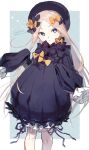  1girl abigail_williams_(fate) black_dress blonde_hair blue_eyes bow commentary dress fate/grand_order fate_(series) hair_bow hat highres long_hair multiple_bows multiple_hair_bows signature sleeves_past_fingers sleeves_past_wrists tsuyukusa_(eeta7273) 