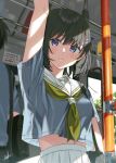  1boy 1girl arm_up bag bangs black_hair blush bob_cut bus bus_interior commentary_request from_below green_neckerchief grey_shirt grey_skirt ground_vehicle hair_between_eyes hair_ornament hairclip highres kukiha looking_at_viewer looking_down midriff motor_vehicle neckerchief original pleated_skirt purple_eyes sailor_collar school_bag school_uniform serafuku shirt short_hair short_sleeves shoulder_bag signature skirt solo_focus uniform upper_body white_sailor_collar 