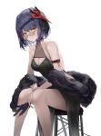  1girl absurdres arm_strap bare_legs bare_shoulders bespectacled black_dress bracelet breasts cleavage cleavage_cutout closed_mouth clothing_cutout dress expressionless feathers feet_out_of_frame fur_shawl genshin_impact glasses highres holding holding_feather jenmin12 jewelry kujou_sara looking_at_viewer mask mask_on_head medium_breasts purple_hair round_eyewear semi-rimless_eyewear short_hair simple_background sitting sleeveless sleeveless_dress solo stool under-rim_eyewear white_background yellow-framed_eyewear yellow_eyes 
