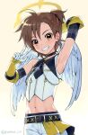  1boy ahoge alternate_costume angel_wings arm_up armpits asymmetrical_bangs bangs belt blush brown_eyes brown_hair choker clenched_teeth commentary_request cowboy_shot crop_top elbow_gloves eyebrows_visible_through_hair feathered_wings gloves gradient gradient_background halo idolmaster idolmaster_side-m jewelry looking_at_viewer male_focus midriff navel necklace nemunemu_(candy_paddle) short_hair shorts sleeveless smile solo tachibana_shirou tan_background teeth twitter_username w white_shorts white_wings wings 