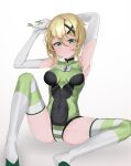  1girl absurdres akatsuki_kirika armpits arms_up blonde_hair blush breasts breasts_apart cameltoe closed_mouth covered_navel full_body gloves green_eyes green_leotard hair_ornament highres leotard looking_at_viewer medium_breasts senki_zesshou_symphogear short_hair skin_tight smile solo spread_legs strigidae striped striped_legwear thighhighs white_gloves x_hair_ornament 