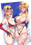  2girls :q absurdres ahoge artoria_pendragon_(fate) artoria_pendragon_(lancer)_(fate) bare_shoulders blonde_hair blue_gloves blue_legwear blue_ribbon blush braid breasts choker cleavage covered_nipples crown_braid curvy detached_sleeves elbow_gloves eyewear_on_head fate/extra fate/grand_order fate_(series) funaya_(a2brasd) gloves green_eyes hair_between_eyes hair_ornament hand_on_hip highres huge_breasts large_breasts leotard looking_at_viewer multiple_girls navel nero_claudius_(fate) nero_claudius_(fate/extra) one_eye_closed plump puffy_sleeves red_ribbon ribbon sagging_breasts shaded_face stomach sun sunglasses sunlight swimsuit thighhighs toned tongue tongue_out 