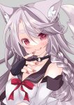  1girl animal_ears azur_lane braid breasts collarbone commentary_request dog_ears fingerless_gloves gloves grey_background grey_hair highres hikanyan licking_lips long_hair looking_at_viewer portrait red_eyes side_braid simple_background solo tongue tongue_out upturned_eyes yuudachi_(azur_lane) 