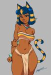  1girl animal_crossing animal_ears ankha_(animal_crossing) arms_behind_back bangs bare_shoulders black_eyes black_hair blonde_hair blue_eyeshadow blue_nails blunt_bangs bob_cut bracelet breasts brown_lips cat_ears cat_tail chel_(the_road_to_el_dorado) clenched_hand commentary contrapposto dark-skinned_female dark_skin earrings english_commentary eyeliner eyeshadow fingernails fusion grey_background headdress highres holding_own_arm hoop_earrings jewelry lips loincloth looking_at_viewer lukas_klaudat makeup medium_breasts midriff multicolored_hair narrow_waist navel neck_ring nose sharp_fingernails short_hair signature solo strapless striped_tail tail the_road_to_el_dorado thighs tube_top two-tone_hair wide_hips 