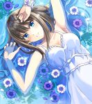  1girl aqua_eyes armpits bare_shoulders blush brown_hair dress earrings eyebrows_visible_through_hair flower hand_on_own_head highres idolmaster idolmaster_cinderella_girls jewelry long_hair looking_at_viewer lying shibuya_rin smile solo tazu water white_dress 