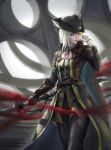  1girl absurdres ascot blonde_hair bloodborne blue_eyes boots cape coat gloves hat hat_feather highres holding lady_maria_of_the_astral_clocktower lianru long_hair looking_at_viewer ponytail rakuyo_(bloodborne) simple_background solo sword the_old_hunters tricorne weapon white_hair 
