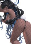  1girl 2r-_(pixiv8168114) absurdres animal_ears arm_tattoo arm_up ass bangs bare_shoulders black_hair black_legwear black_leotard blue_archive blue_bow blue_bowtie blue_ribbon bow bowtie breasts chinese_commentary commentary_request covered_mouth cowboy_shot dark-skinned_female dark_skin detached_collar eyebrows_visible_through_hair fake_animal_ears fake_tail fishnet_legwear fishnets from_behind from_below halo hand_up high_ponytail highres karin_(blue_archive) large_breasts leaning_forward leg_up leotard long_hair looking_at_viewer looking_back looking_down pantyhose playboy_bunny ponytail rabbit_ears rabbit_tail ribbon side-tie_leotard sidelocks simple_background slit_pupils solo standing strapless strapless_leotard tail tattoo very_long_hair wavy_hair white_background wrist_cuffs yellow_eyes 