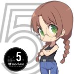  1girl bangs belt black_belt black_tank_top blue_pants braid brown_hair chibi copyright_name countdown crossed_arms eyebrows_visible_through_hair glasses green_eyes logo long_hair makishima_azusa muvluv muvluv_alternative muvluv_alternative_(anime) official_art pants parted_bangs promotional_art round_eyewear sakaki_chizuru solo tank_top twin_braids 