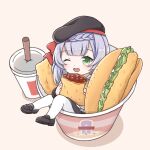  1girl ;d bangs blunt_bangs braid burger carrying chibi cola commentary cup disposable_cup drinking_straw eyebrows_visible_through_hair food genshin_impact green_eyes hat in_container in_food kagamine_ran long_sleeves looking_at_viewer minigirl noelle_(genshin_impact) one_eye_closed open_mouth red_bean_paste short_hair sidelocks silver_hair simple_background single_braid sitting smile solo 