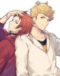  2boys back-to-back bangs blonde_hair bracelet closed_mouth granblue_fantasy green_eyes hand_in_hair hand_up hood hood_down hoodie jewelry looking_at_another male_focus medium_hair multiple_boys ono_(0_no) percival_(granblue_fantasy) red_eyes red_hair red_hoodie short_hair undercut upper_body vane_(granblue_fantasy) white_background white_hoodie 