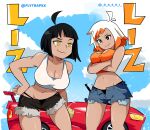  2girls bangs black_eyes black_hair black_shorts blue_shorts blue_sky blunt_bangs borrowed_character breasts car cleavage cloud cloudy_sky cowboy_shot crossed_arms dashi glint ground_vehicle hand_on_hip highres leaning_forward liz_(dashi) liz_(flytrapxx) medium_breasts midriff mole mole_under_eye motor_vehicle multicolored_hair multiple_girls namesake navel orange_hair original short_hair shorts sky twitter_username two-tone_hair white_hair yellow_eyes 